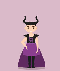 girl in Halloween costume. Girl characters in costume for Halloween fun party carnival. Cartoon a girl wearing purple devil costume