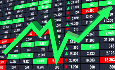 green arrow upwards on the display screen economic stock trading business figures 