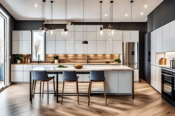 Modern kitchen with appliances and a dining table with pendant lighting on a hardwood floor. applied a subtle vintage effect