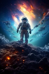 An astronaut in a dynamic pose is surrounded by swirling nebulas and distant star systems, illustrating the grandeur and mystery of the universe and the human drive to explore the unknown