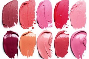 Assortment of lipstick smears on white backdrop conveying beauty and makeup - obrazy, fototapety, plakaty