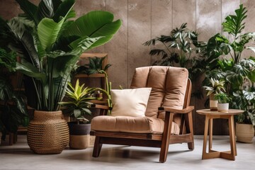 Attractive interior of living room with cozy wooden armchair and lovely houseplants