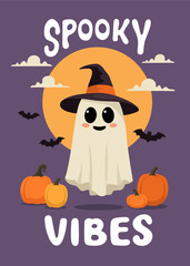 Cute smiling ghost in witch hat and text Spooky Vibes. Template for halloween greeting card, invitation, poster, banner. Vector illustration