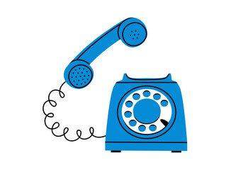 Hand drawn cute cartoon illustration of blue retro wired phone. Flat vector old telephone sticker in simple colored doodle style. Make a call. Pick up the phone icon or print. Isolated on white. © Esgoty