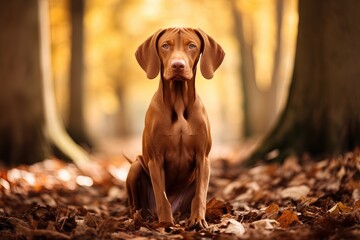 Autumn foliage surrounds an exquisite Vizsla canine