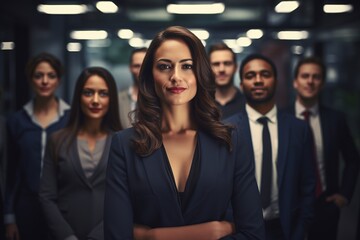 A poised and beaming businesswoman stands confidently in front of her diverse and harmonious team, symbolizing leadership, unity, and success, in a sleek, modern office environment