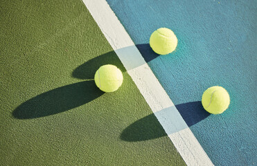 Ball, tennis court and turf for athlete or game for fitness or health as athlete or workout, match...