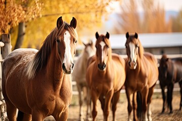 Autumn photo of brown young stallions in a corral farm - obrazy, fototapety, plakaty