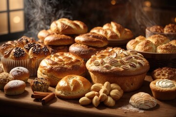 Freshly Baked Assorted Bakery Goods with Rising Smoke in High Resolution