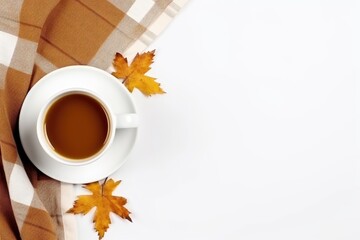 Autumn themed arrangement coffee cup plaid on white fall concept Flat lay top view copy space