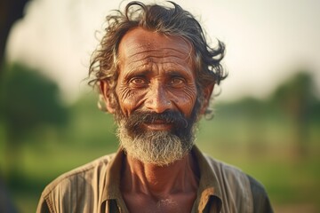 Close-up portrait of a joyful farmer, his face lined with the experiences of years, standing against the lush green backdrop of his flourishing fields, his eyes sparkling with contentment and hands ru - obrazy, fototapety, plakaty