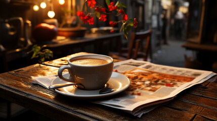 Newspaper and coffee on the table. - obrazy, fototapety, plakaty