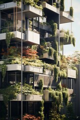 Detail of a modern urban setting displaying innovative vertical planting on multiple levels and structures