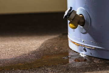 Water leaking from the plastic faucet on a residential electric water heater sitting on a concrete...