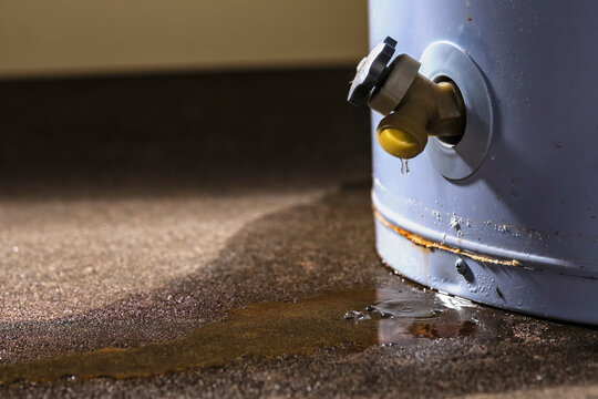 Water leaking from the plastic faucet on a residential electric water heater sitting on a concrete floor.