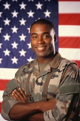 Portrait of a smiling American male soldier, exuding warmth and friendliness, looking at the camera, set against the backdrop of an American flag