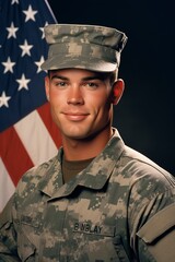 Portrait of a smiling American male soldier, exuding warmth and friendliness, looking at the camera, set against the backdrop of an American flag