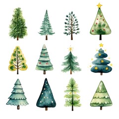 Cute watercolor-style xmas trees on white background. Christmas trees in different green hues for minimalistic, seasonal greetings. Card, banner, social media.