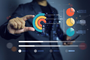 Data visualization chart to record collect data and summarization before investment on business. Businessman touch on donut chart to analyse information to data summary by category segment