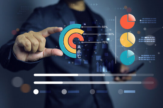 Data visualization chart to record collect data and summarization before investment on business. Businessman touch on donut chart to analyse information to data summary by category segment