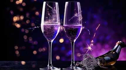 Champagne glasses with violet fireworks- generative AI