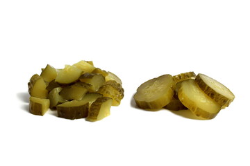  Diced pickled cucumbers lie on a white background.