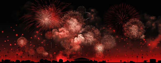 fireworks on the black background with a full moon, in the style of red and beige, color splash, rtx on- generative AI