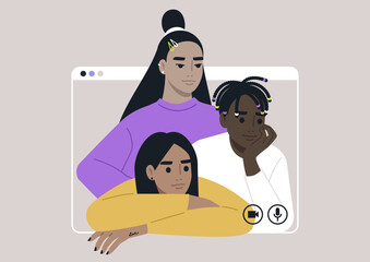 A vibrant and diverse group of stylish teenagers joyfully gathered together, celebrating their differences and unity in style and friendship, a video call frame