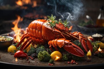 Hyper-Realistic High-Resolution Grilled Lobster Falling onto Barbecue with Dynamic Flame, Smoke, and Falling Ingredients