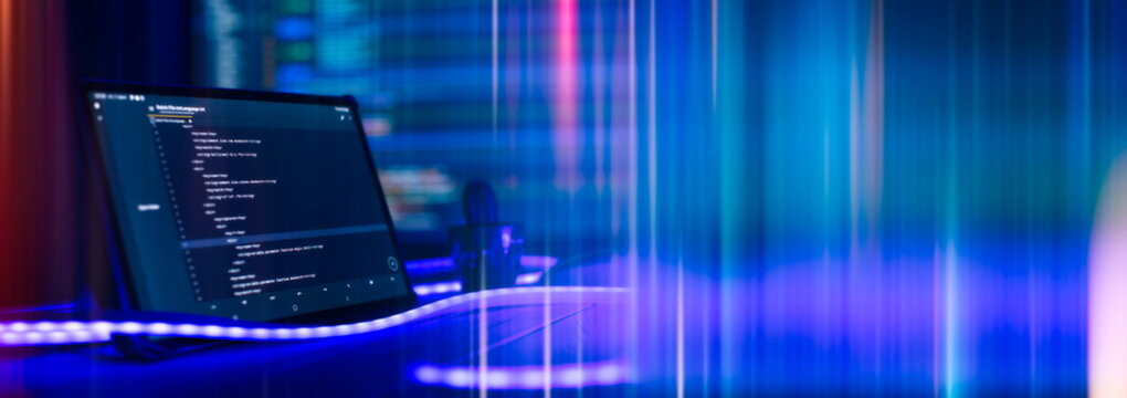 Abstract computer script code. Programming code screen of software developer. Software Programming Work Time.