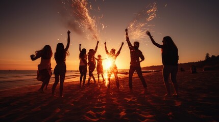 Group of young friends having a beach party. Friends dancing and celebrating with sparklers in twilight sunset- generative AI, fiction Person