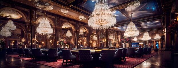 sophisticated and classy casino lobby with glitzy chandeliers, velvet seating, and a glamorous ambiance.