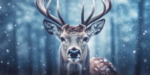 Deer in a winter snowy forest ,Christmas scene ,Generative AI.
