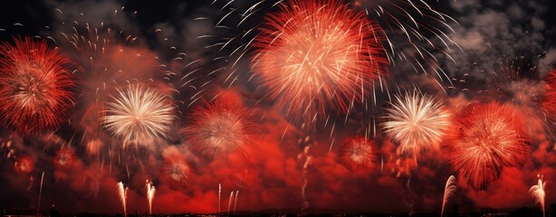 images for new year fireworks hd, in the style of light red and dark bronze, high-key lighting, dark white and light crimson, photo taken with provia, atmospheric clouds, - generative AI
