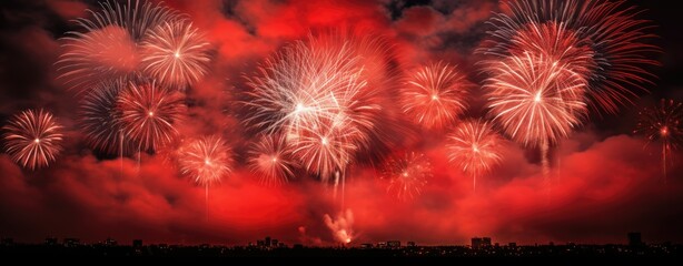 images for new year fireworks hd, in the style of light red and dark bronze, high-key lighting, dark white and light crimson, photo taken with provia, atmospheric clouds, - generative AI