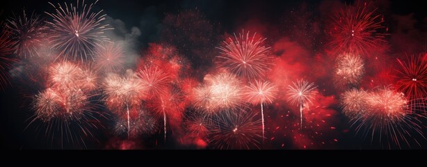 images for new year fireworks hd, in the style of light red and dark bronze, high-key lighting, dark white and light crimson, photo taken with provia, atmospheric clouds, - generative AI