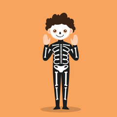 Cartoon boy character wearing halloween skeleton costume for Halloween party