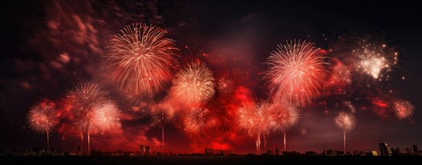 images for new year fireworks hd, in the style of light red and dark bronze, high-key lighting, dark white and light crimson, photo taken with provia, atmospheric clouds, - generative AI