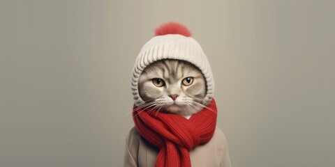 Cute Cat Dressed in a Red Scarf and Hat with Space for , copy space ,Generative AI. - Powered by Adobe