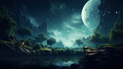 Lake in the forest at night with full moon and stars created with Generative AI