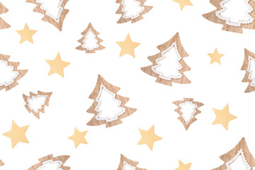Naklejka premium Seamless Pattern of Wooden Christmas tree and stars.
