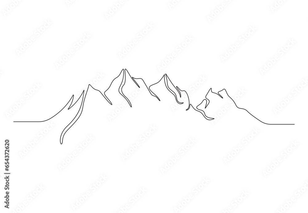 Poster mountains landscape in continuous one line drawing mounts with high peak in simple linear style vect
