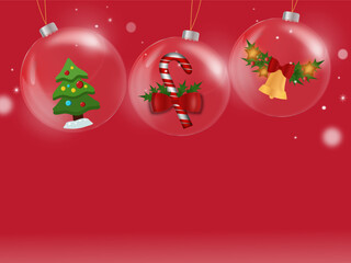 christmas background with crystal glass balls and snowflakes. Red vector background with Christmas elements like pine tree and cane candy