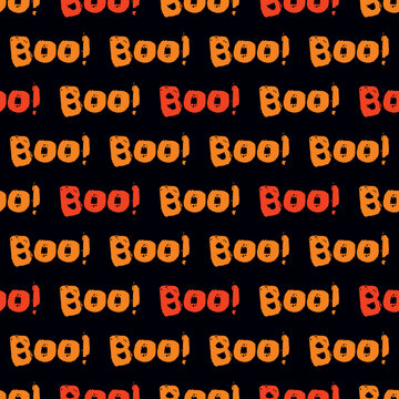 Halloween tile vector pattern with boo text on black background