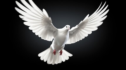 White dove flying, isolated on black background. Symbol of peace