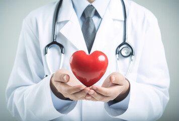medical doctor holding a red heart, devoted to patients