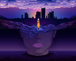 Woman standing on head looking at city life with mental health concept