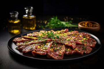 Carpaccio of beef on a plate with mustard and spices