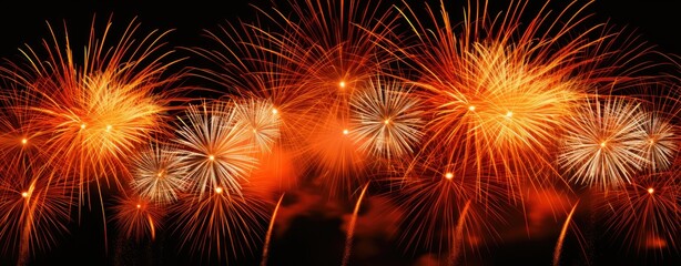 pyrotechnic fireworks image fireworks flashing firework on dark night, in the style of dark yellow and orange, large canvas format, uhd image, photographic montage, photo taken with- generative AI