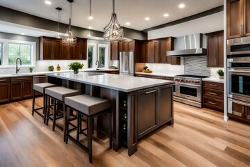 A modern kitchen renovation with a central island, hardwood floors, and quartz countertops